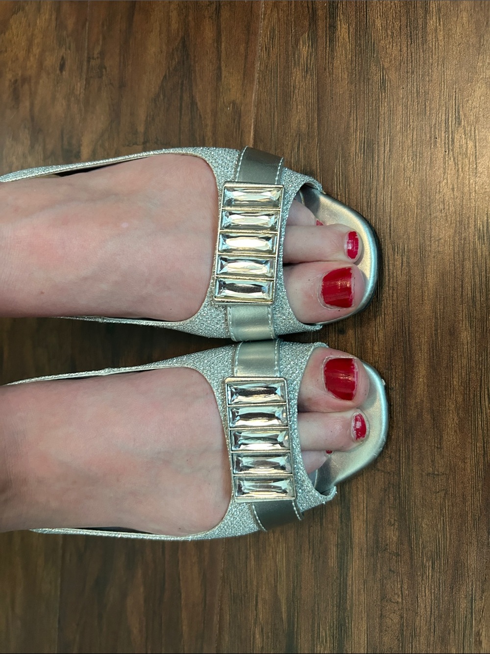 Silver Sparkle Embellished Open-Toe Women’s Wedge Flats 7W
